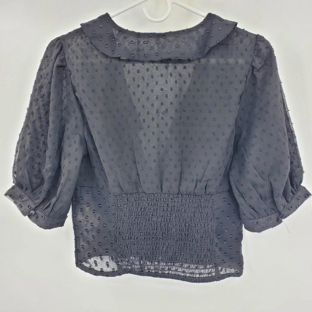 Free People Black Sheer Clip Dot Button Front Smocked Back Blouse Med Coquette